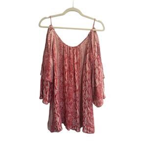 Parker Small 100% Coral Silk Cold Shoulder Ruffle Bell Sleeve Flowy Top #5501